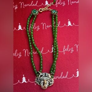 Green Beaded Necklace with Silver Accents